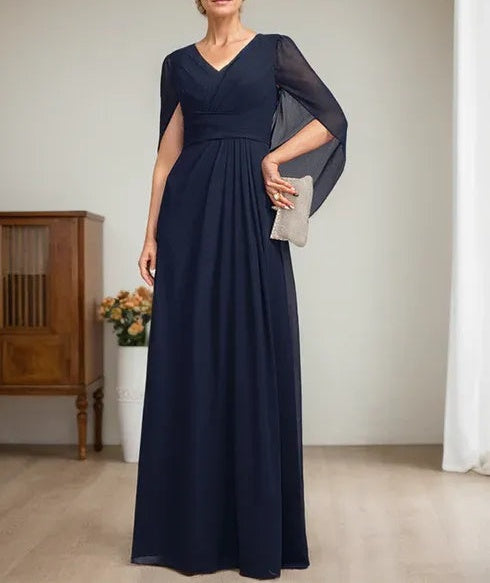 Dark Navy A-Line V-Neck Long Mother of Bride Dress