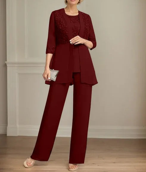 Jumpsuit/Pantsuit Separates Scoop Floor-Length Chiffon Lace Mother of the Bride Dress With Sequins