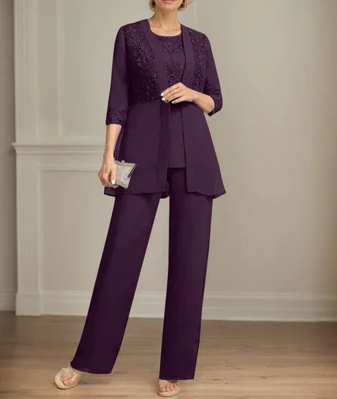 Jumpsuit/Pantsuit Separates Scoop Floor-Length Chiffon Lace Mother of the Bride Dress With Sequins