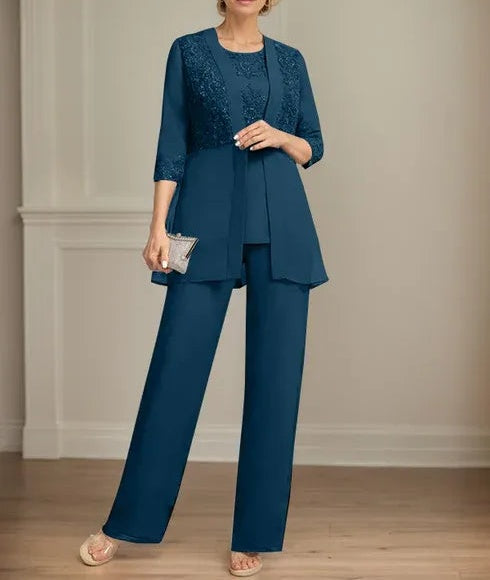 Jumpsuit/Pantsuit Separates Scoop Floor-Length Chiffon Lace Mother of the Bride Dress With Sequins