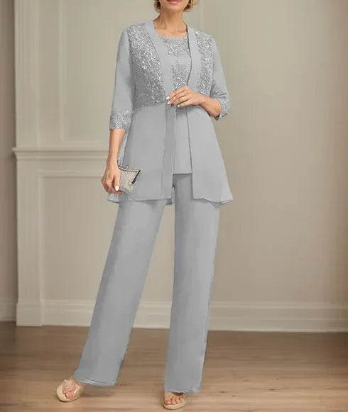 Jumpsuit/Pantsuit Separates Scoop Floor-Length Chiffon Lace Mother of the Bride Dress With Sequins