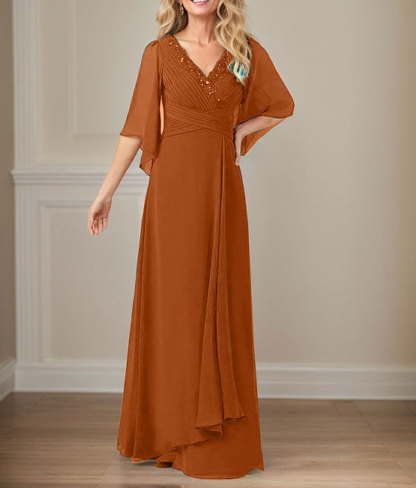A-Line V-Neck Long Sequins Chiffon Mother Dress