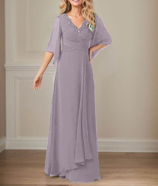 A-Line V-Neck Long Sequins Chiffon Mother Dress