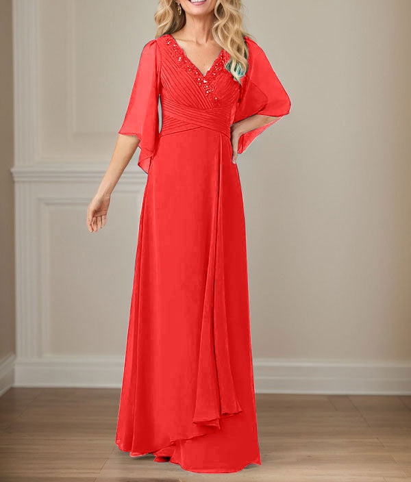 A-Line V-Neck Long Sequins Chiffon Mother Dress