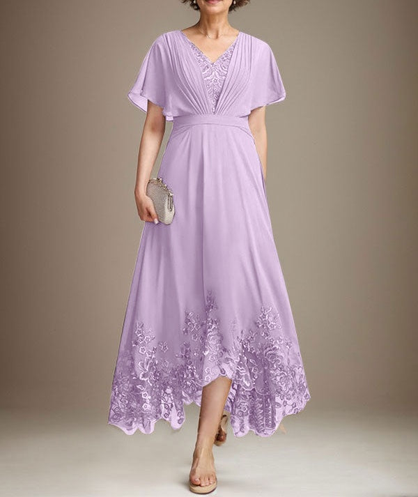 A-line V-Neck Asymmetrical Lace Chiffon Mother of the Bride Dress With Pleated
