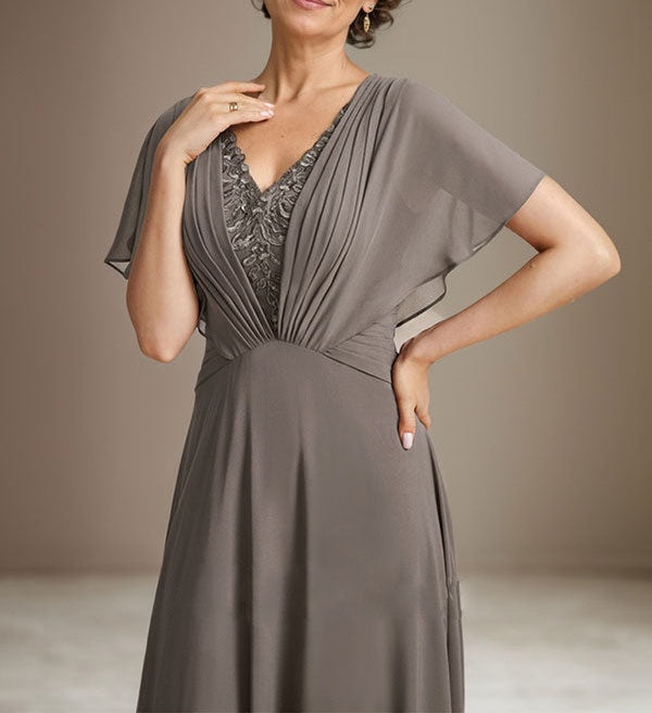 A-line V-Neck Asymmetrical Lace Chiffon Mother of the Bride Dress With Pleated