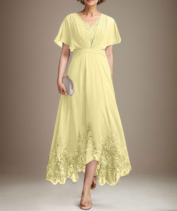 A-line V-Neck Asymmetrical Lace Chiffon Mother of the Bride Dress With Pleated