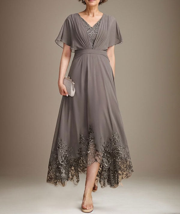 A-line V-Neck Asymmetrical Lace Chiffon Mother of the Bride Dress With Pleated
