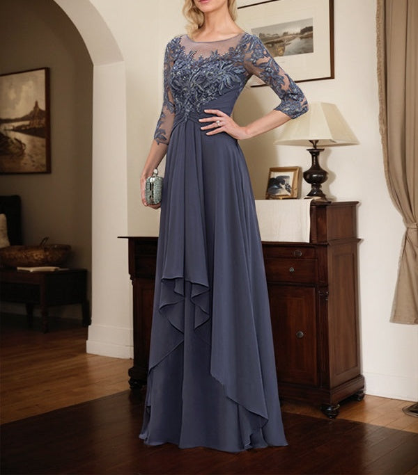 A-line Scoop Illusion Floor-Length Lace Chiffon Mother of the Bride Dress With Cascading Ruffles