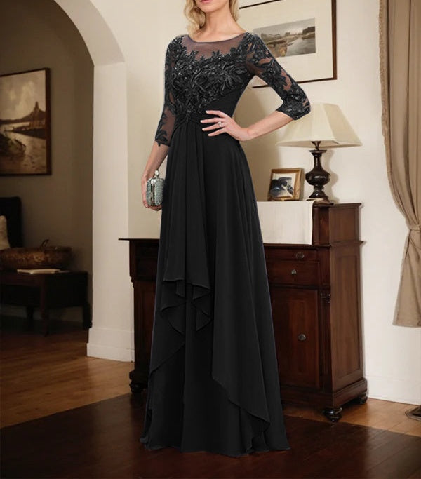A-line Scoop Illusion Floor-Length Lace Chiffon Mother of the Bride Dress With Cascading Ruffles
