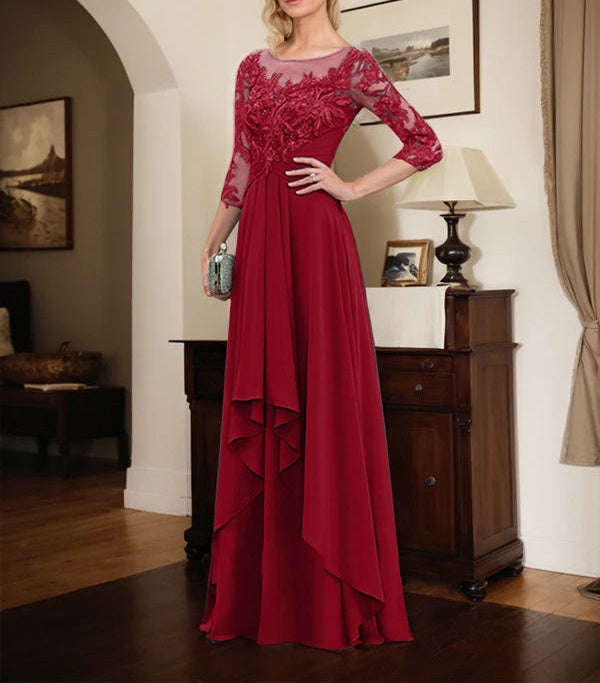 A-line Scoop Illusion Floor-Length Lace Chiffon Mother of the Bride Dress With Cascading Ruffles