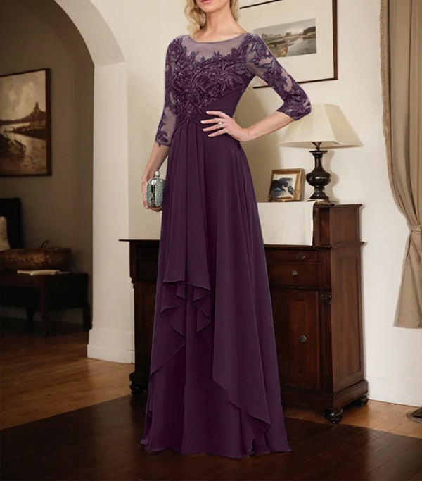 A-line Scoop Illusion Floor-Length Lace Chiffon Mother of the Bride Dress With Cascading Ruffles