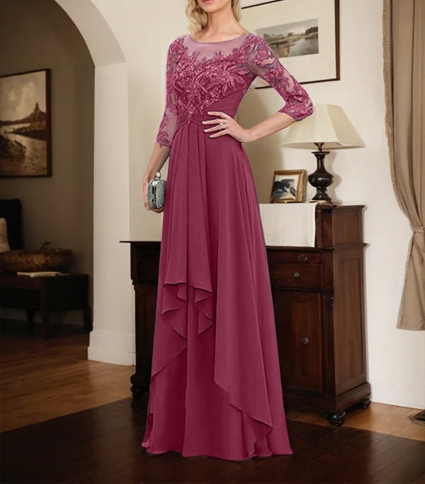 A-line Scoop Illusion Floor-Length Lace Chiffon Mother of the Bride Dress With Cascading Ruffles