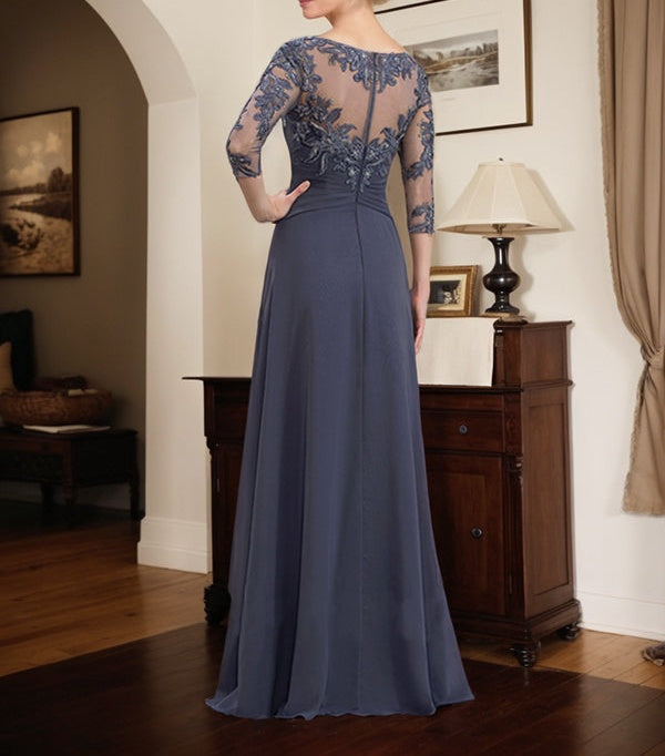 A-line Scoop Illusion Floor-Length Lace Chiffon Mother of the Bride Dress With Cascading Ruffles