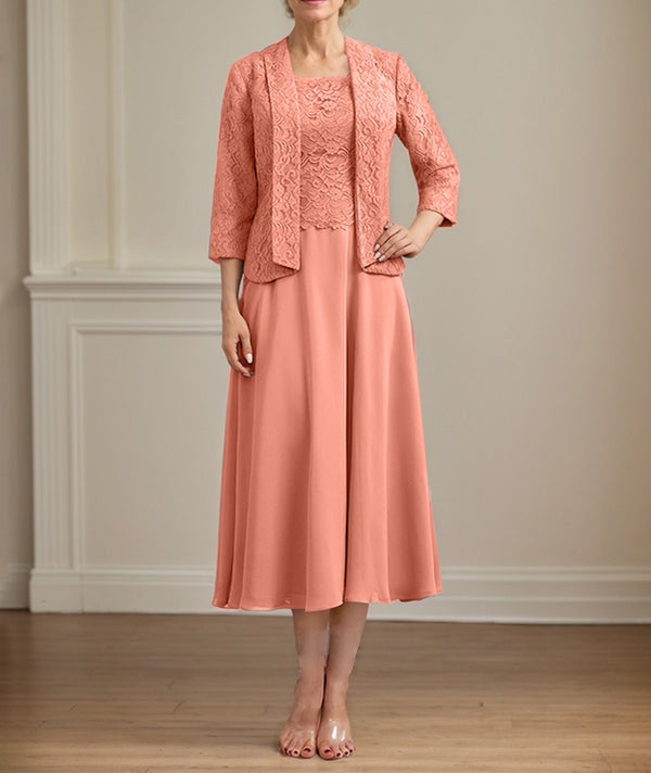 A-line Scoop Tea-Length Lace Chiffon Mother of the Bride Dress