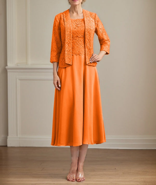 A-line Scoop Tea-Length Lace Chiffon Mother of the Bride Dress