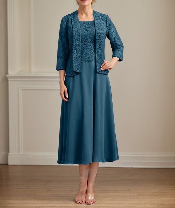 A-line Scoop Tea-Length Lace Chiffon Mother of the Bride Dress