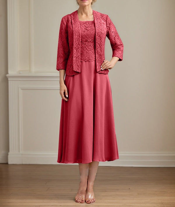 A-line Scoop Tea-Length Lace Chiffon Mother of the Bride Dress