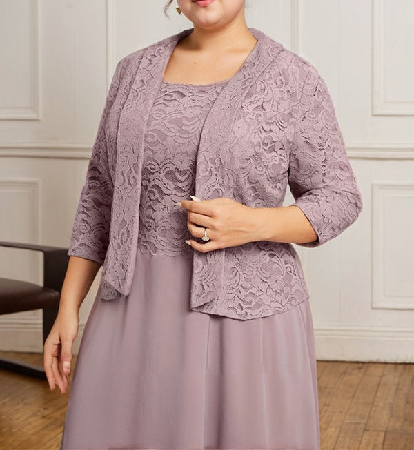 A-line Scoop Tea-Length Lace Chiffon Mother of the Bride Dress