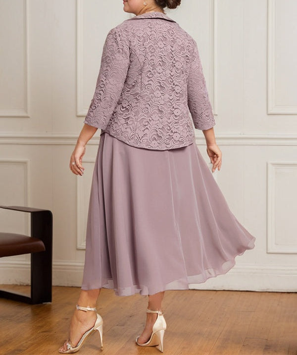 A-line Scoop Tea-Length Lace Chiffon Mother of the Bride Dress