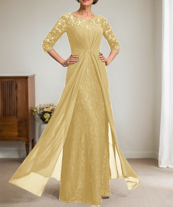 A-Line Scoop Illusion Floor-Length Lace Chiffon Mother Of the Bride Dress With Beading Ruffles