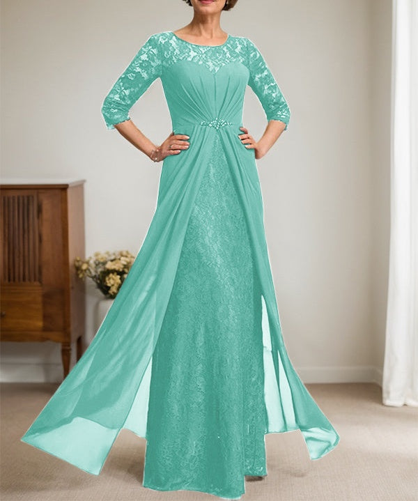 A-Line Scoop Illusion Floor-Length Lace Chiffon Mother Of the Bride Dress With Beading Ruffles