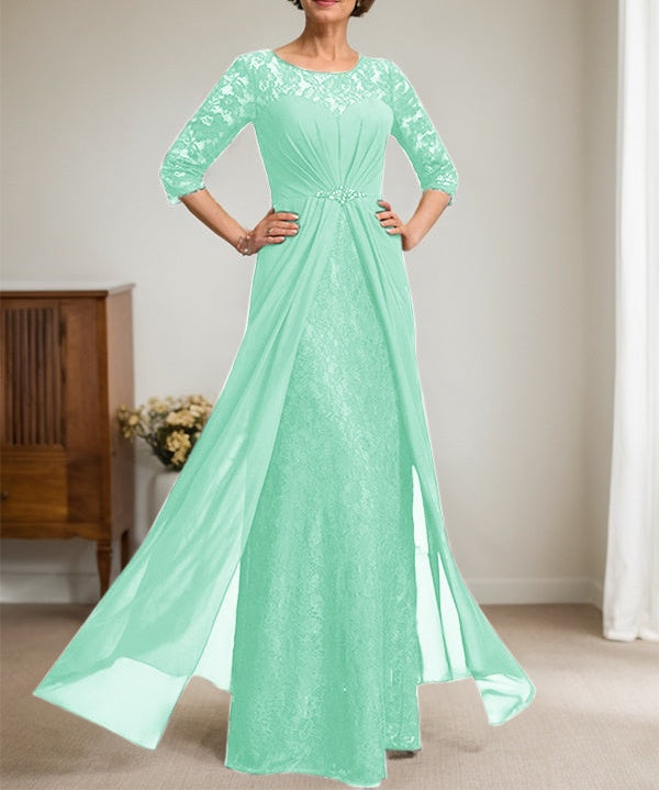 A-Line Scoop Illusion Floor-Length Lace Chiffon Mother Of the Bride Dress With Beading Ruffles