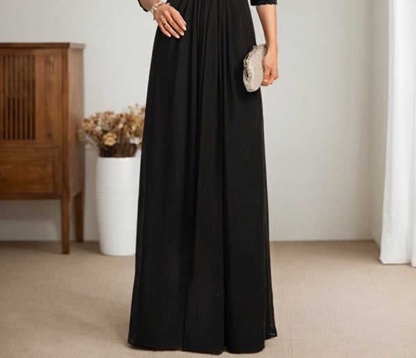 A-Line Scoop Illusion Floor-Length Lace Chiffon Mother Of the Bride Dress With Beading Ruffles