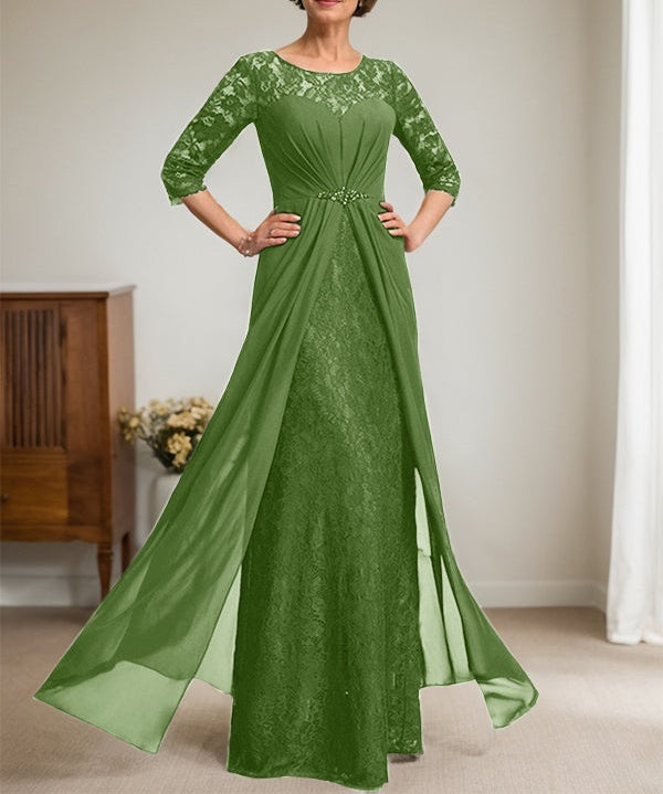 A-Line Scoop Illusion Floor-Length Lace Chiffon Mother Of the Bride Dress With Beading Ruffles