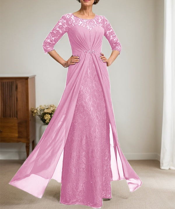 A-Line Scoop Illusion Floor-Length Lace Chiffon Mother Of the Bride Dress With Beading Ruffles