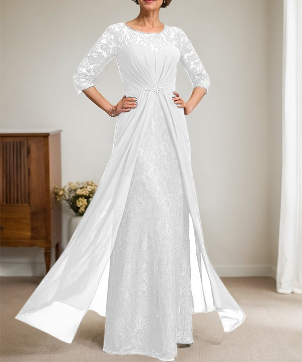 A-Line Scoop Illusion Floor-Length Lace Chiffon Mother Of the Bride Dress With Beading Ruffles