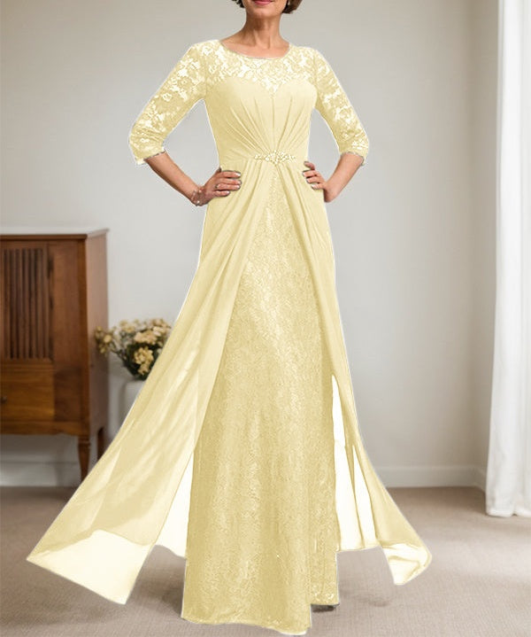 A-Line Scoop Illusion Floor-Length Lace Chiffon Mother Of the Bride Dress With Beading Ruffles