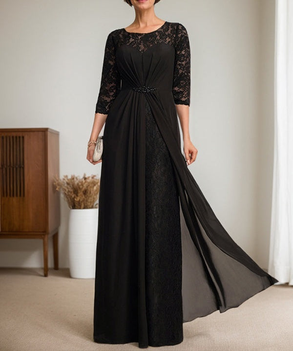 A-Line Scoop Illusion Floor-Length Lace Chiffon Mother Of the Bride Dress With Beading Ruffles