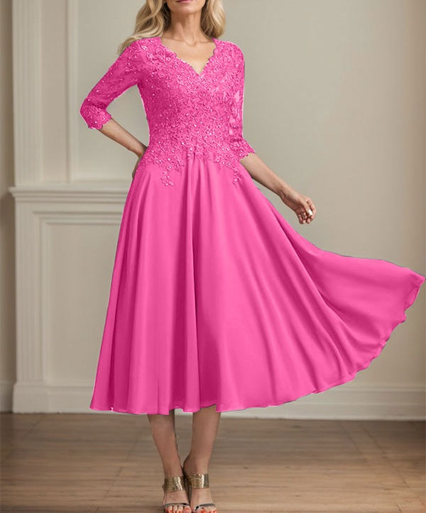 A-line V-Neck Tea-Length Chiffon Lace Mother of the Bride Dress With Beading Sequins