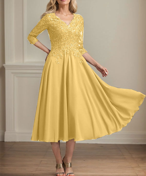 A-line V-Neck Tea-Length Chiffon Lace Mother of the Bride Dress With Beading Sequins