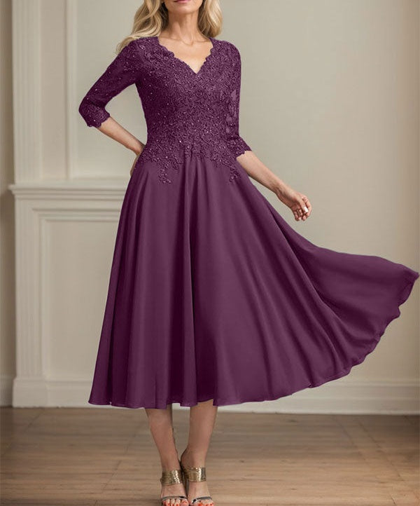 A-line V-Neck Tea-Length Chiffon Lace Mother of the Bride Dress With Beading Sequins