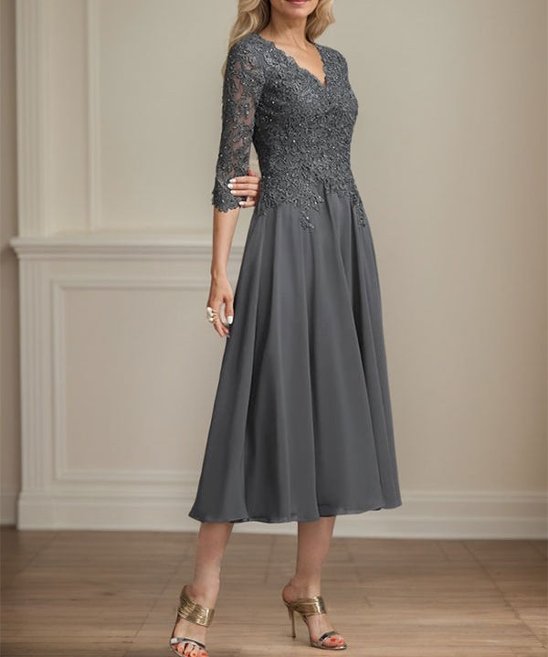 A-line V-Neck Tea-Length Chiffon Lace Mother of the Bride Dress With Beading Sequins