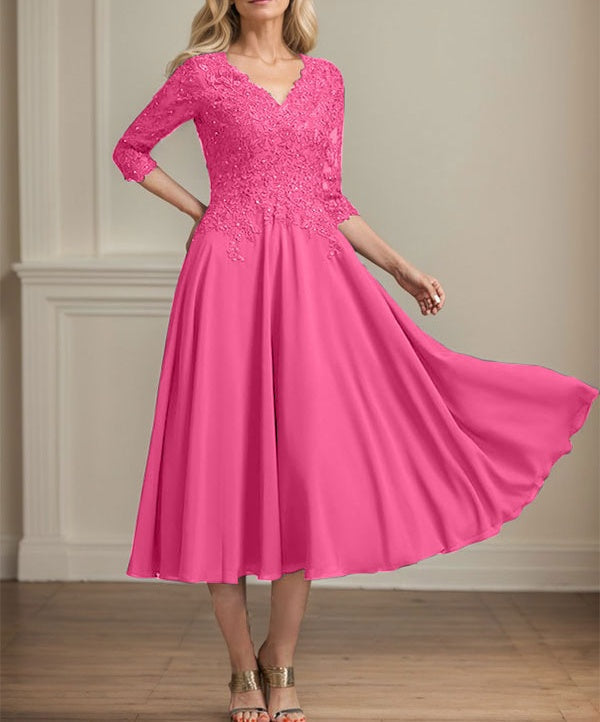 A-line V-Neck Tea-Length Chiffon Lace Mother of the Bride Dress With Beading Sequins
