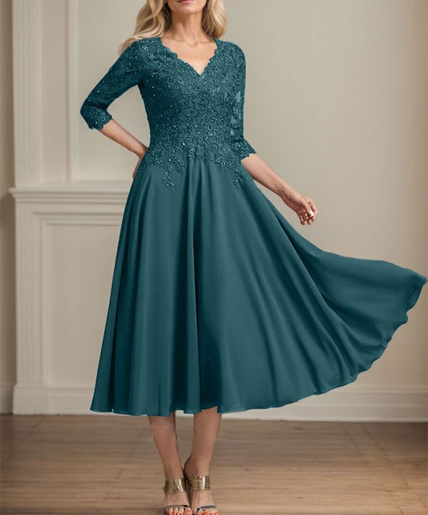 A-line V-Neck Tea-Length Chiffon Lace Mother of the Bride Dress With Beading Sequins