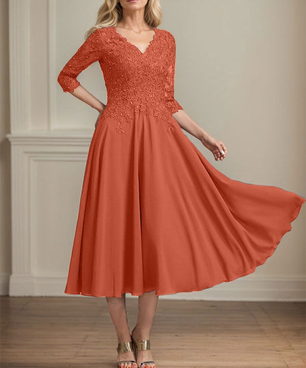 A-line V-Neck Tea-Length Chiffon Lace Mother of the Bride Dress With Beading Sequins