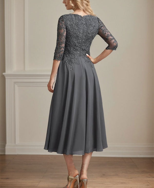A-line V-Neck Tea-Length Chiffon Lace Mother of the Bride Dress With Beading Sequins