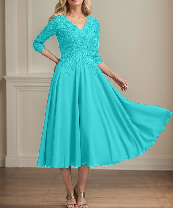A-line V-Neck Tea-Length Chiffon Lace Mother of the Bride Dress With Beading Sequins