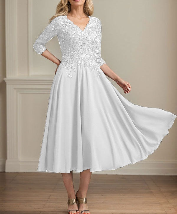 A-line V-Neck Tea-Length Chiffon Lace Mother of the Bride Dress With Beading Sequins
