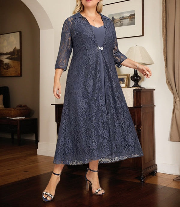 A-line V-Neck Tea-Length Chiffon Mother of the Bride Dress