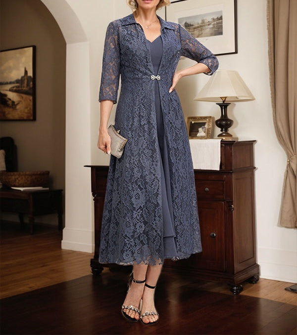 A-line V-Neck Tea-Length Chiffon Mother of the Bride Dress