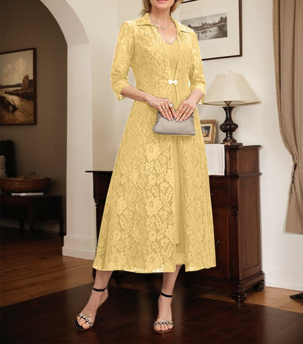 A-line V-Neck Tea-Length Chiffon Mother of the Bride Dress