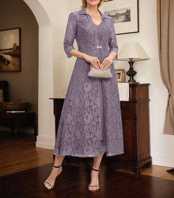 A-line V-Neck Tea-Length Chiffon Mother of the Bride Dress