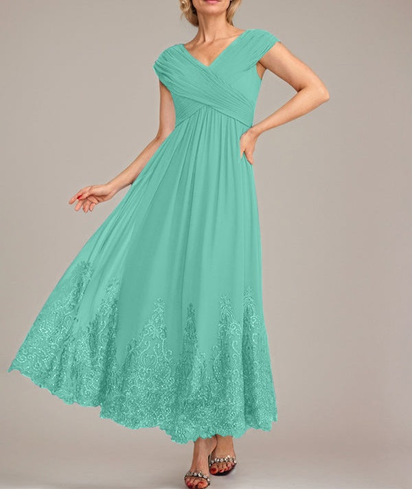 A-line V-Neck Ankle-Length Chiffon Mother of the Bride Dress With Applique Sequins