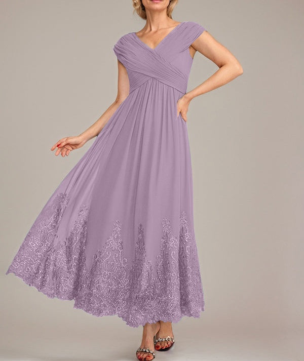 A-line V-Neck Ankle-Length Chiffon Mother of the Bride Dress With Applique Sequins