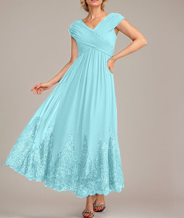 A-line V-Neck Ankle-Length Chiffon Mother of the Bride Dress With Applique Sequins